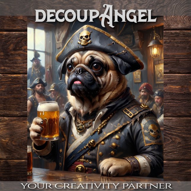 Papel De Seda Pug Bebendo Beer in Pirate's Den - Decoupage - (Criador carregado)
