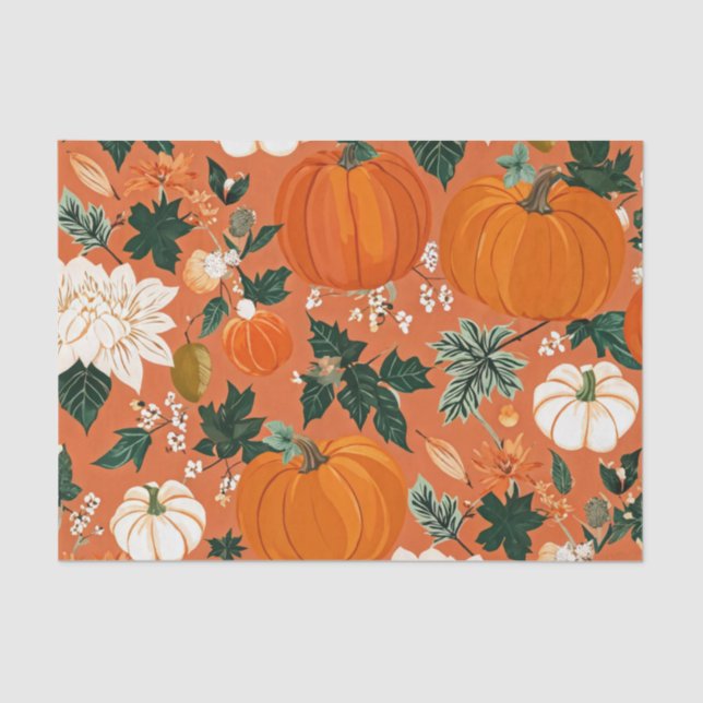 Papel De Seda Pumpkin Watercolor Autumn Patterno para Queda (Frente )