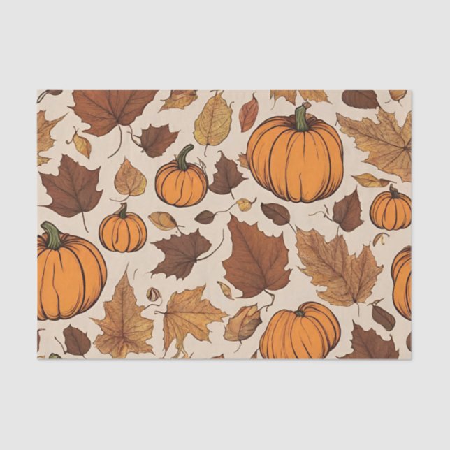 Papel De Seda Pumpkins Laranja e Folhas de Outono (Frente )