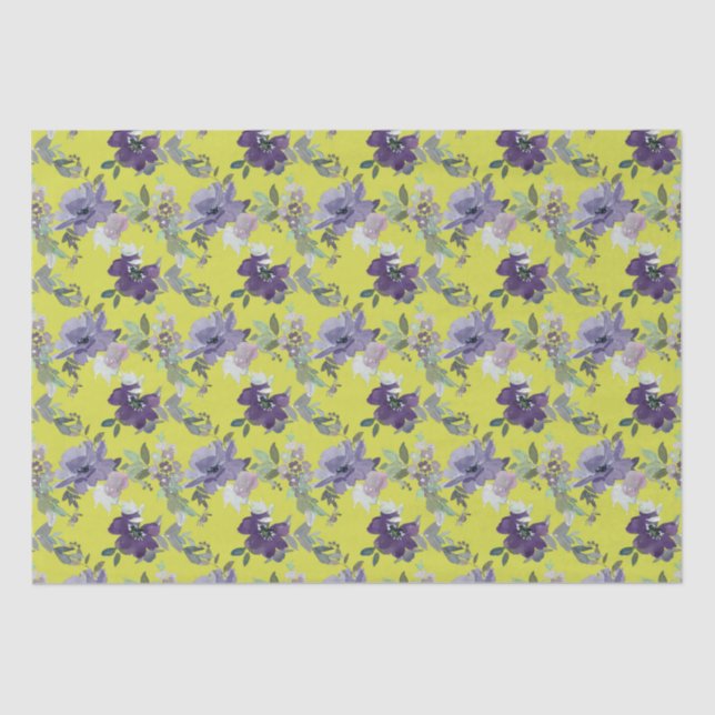 Papel De Seda Purple Floral em Amarelo Watercolor (Frente )