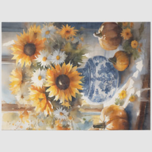 Papel De Seda Queda Abóbora Pumpkin Girassol Flor Azul Branco
