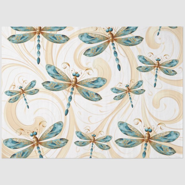 Papel De Seda Quirky Dragonfly Pattern em Aqua e Dourado (Frente )