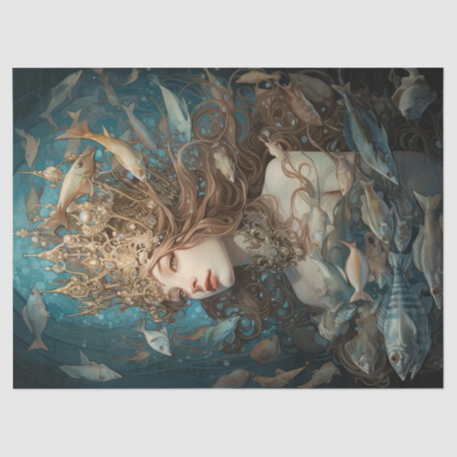 Papel De Seda Rainha Sereia E Peixes Sob O Mar (Frente )