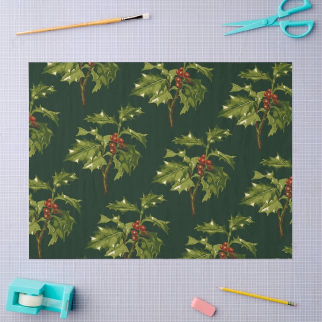 Papel De Seda Ramo de Azevinho Natal Bagas Vermelhas (Arte )