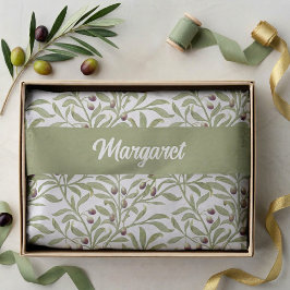 Papel De Seda Ramo de Oliveira Nome Monograma Verde Sage