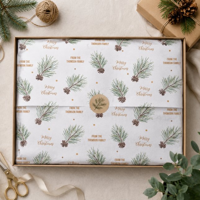 Papel De Seda Ramo de Pinheiro em Aquarela Natal Script (Criador carregado)