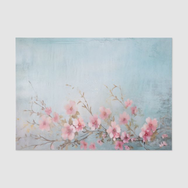 Papel De Seda Ramos de Flores Rosa Desgastado em Azul Claro (Frente )