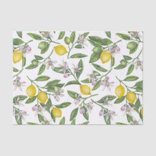 Papel De Seda Ramos de limão com flores e fruta em branco