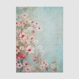 Papel De Seda Ramos Florais Rosa Sujo Padrão em Fundo Aqua