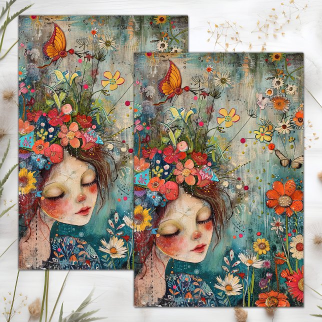 PAPEL DE SEDA RAPARIGA DAS FLORES BOHO DÉCOUPE (BOHO FLOWER GIRL DECOUPAGE TISSUE PAPER)