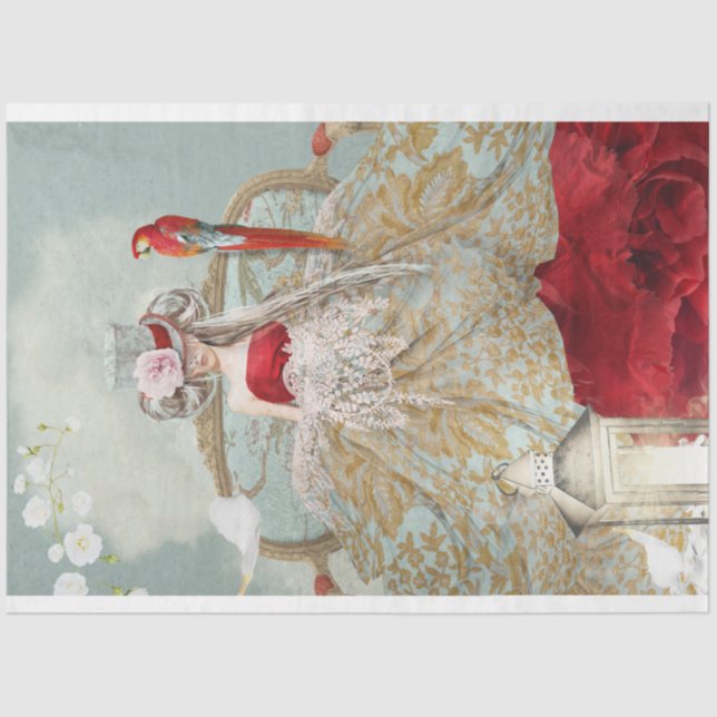 Papel De Seda Rapariga de Retrato Sentada Pássaro e Arte Floral (Frente )