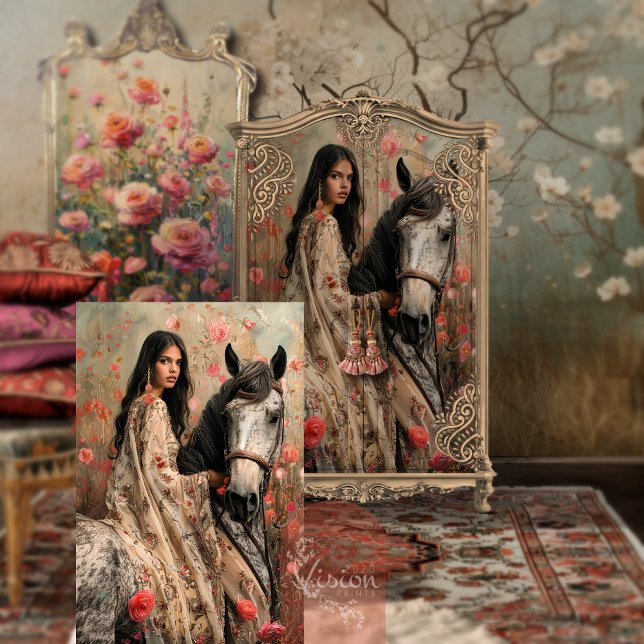 Papel De Seda Rapariga do Boho Exótica em um cavalo Arte Folar (Boho Girl on a Horse, Exotic Folk Art, Floral Field, Decoupage Tissue Paper)