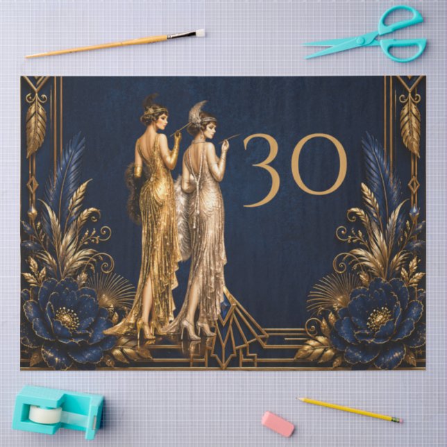 Papel De Seda Rapazes flapper Art Deco azul dourado Gatsby decou (Arte )