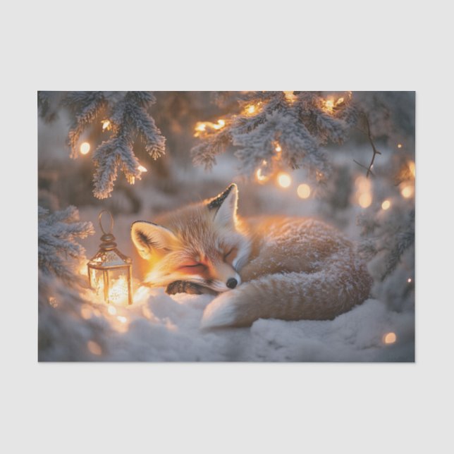 Papel De Seda Raposa Dormindo Sob Ramificações De Neve (Frente )
