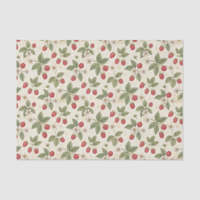 Papel De Seda Raspberry Fruit Bunches with Leaves and Blossom  (Frente )