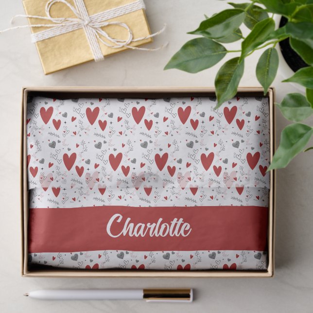 Papel De Seda Red and Black Hearts Custom Monogram Name (Presente)