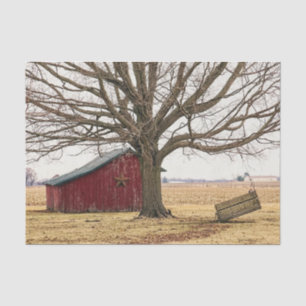 Papel De Seda Red Barn com uma árvore épica e um banco de punho
