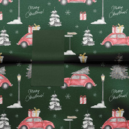 Papel De Seda Red Car Winter Patterry Felry Christmas Green