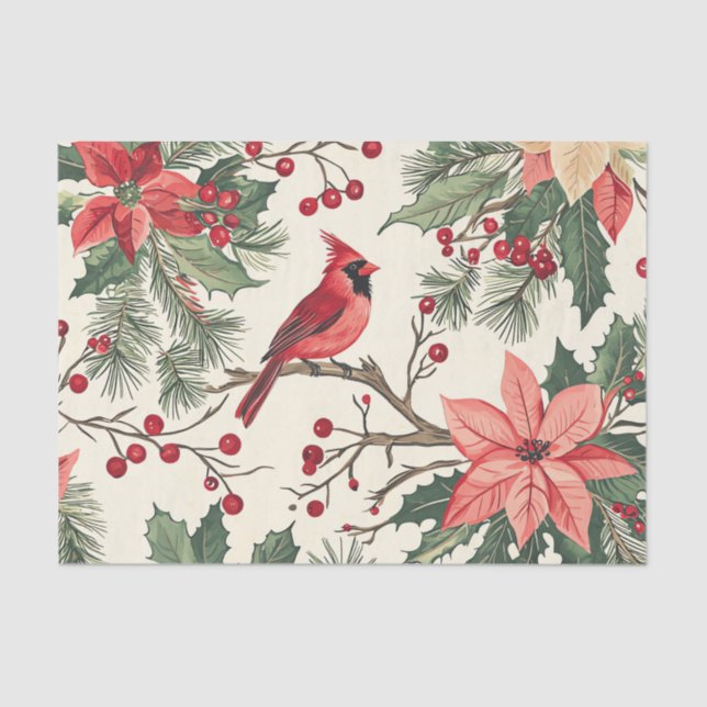 Papel De Seda Red Cardinal on a Branch with Poinsettias (Frente )