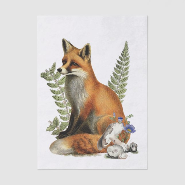 Papel De Seda Red Fox Fern Mushroom Woodland Forest Decoupage  (Frente )