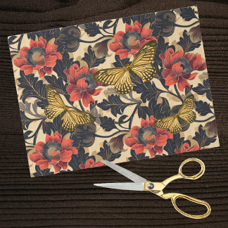 Papel De Seda Red Peonies Yellow Butterflies Art Nouveau Style