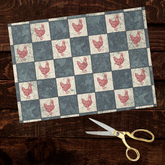 Papel De Seda Red Rooster on Gray Black Checkerboard Farmhouse