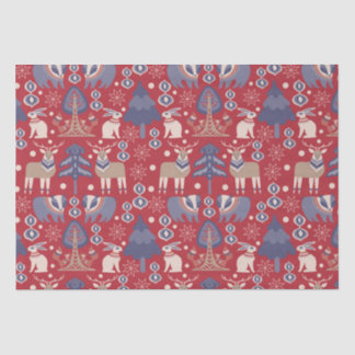Papel De Seda Red Scandinavian Winter Reindeed Rabbit