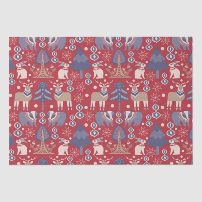 Papel De Seda Red Scandinavian Winter Reindeed Rabbit (Frente )