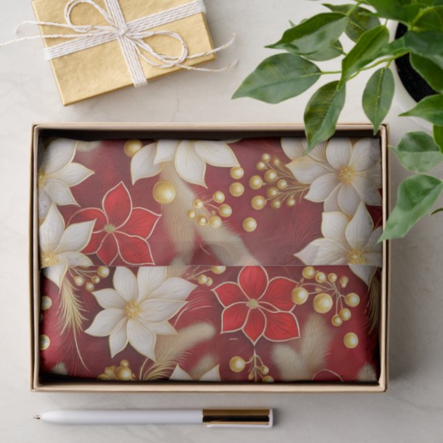 Papel De Seda Red White Christmas Floral Pattern#17 ID1009 (Presente)