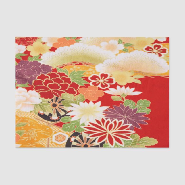 Papel De Seda Red White Yellow Japonês Kimono Floral Decoupage (Frente )