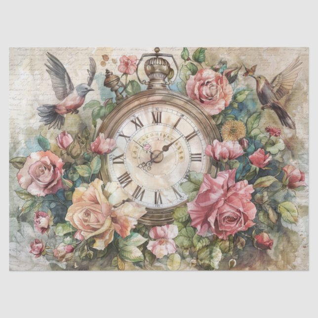 Papel De Seda Relógio Antigo com Decoupage de Pássaros e Rosas (Frente )