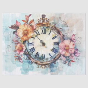 Papel De Seda Relógio Antigo com Rosas e Decoupage de Manuscrito