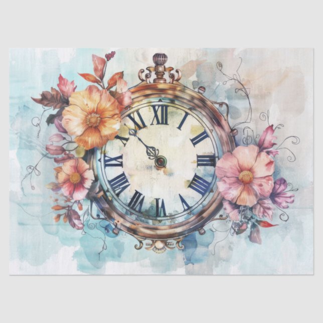 Papel De Seda Relógio Antigo com Rosas e Decoupage de Manuscrito (Frente )