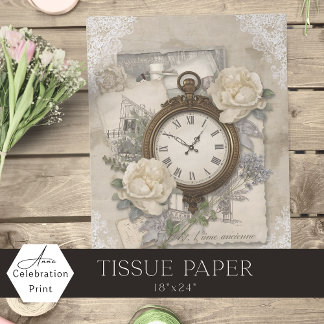 Papel De Seda Relógio Antigo Francês Marfim Flores & Renda Vinta