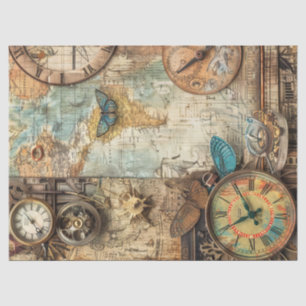 Papel De Seda Relógio de Efêmeras Steampunk Mapa Engrenagens Dec