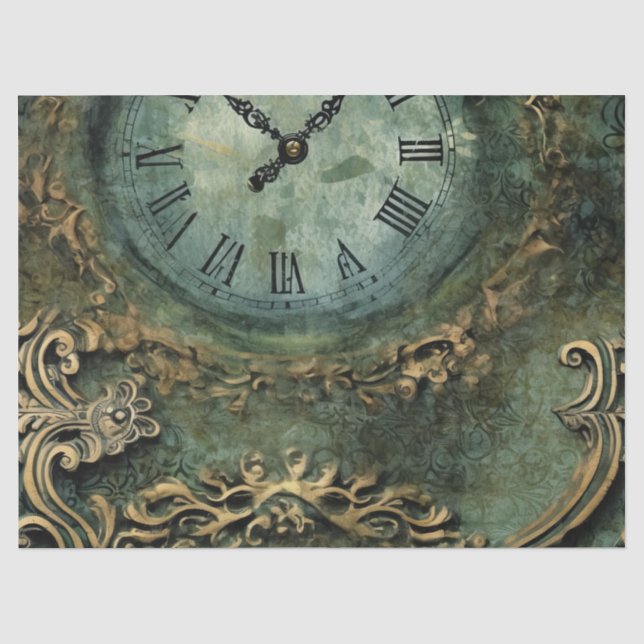 Papel De Seda Relógio Steampunk Rústico Verde Esmeralda (Frente )
