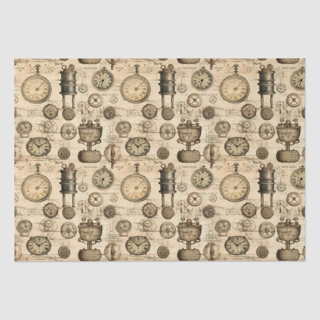 Papel De Seda Relógio Vintage Steampunk Pergaminho Marrom (Frente )