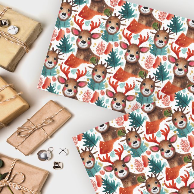Papel De Seda Rena Querida Vermelha e Verde Natal Aquarela (Criador carregado)