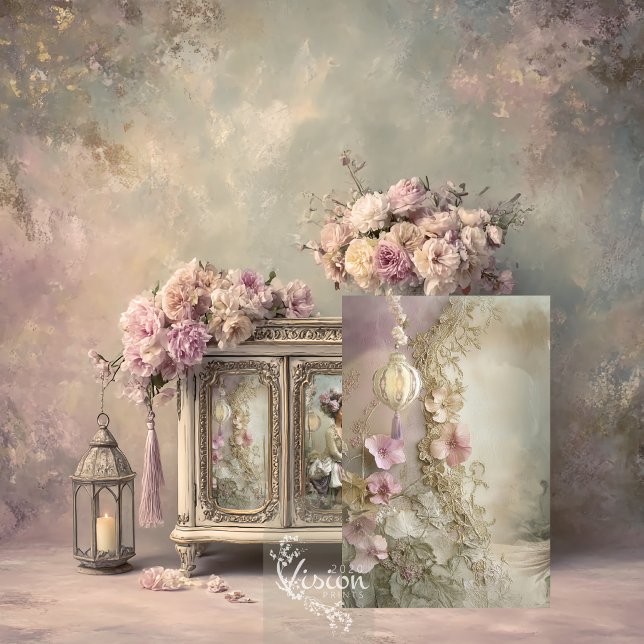 Papel De Seda Renda e Flores de Renda Dourada Clara Lanterna Lil (Cream French cabinet pink peonies candle lantern lace floral print display)
