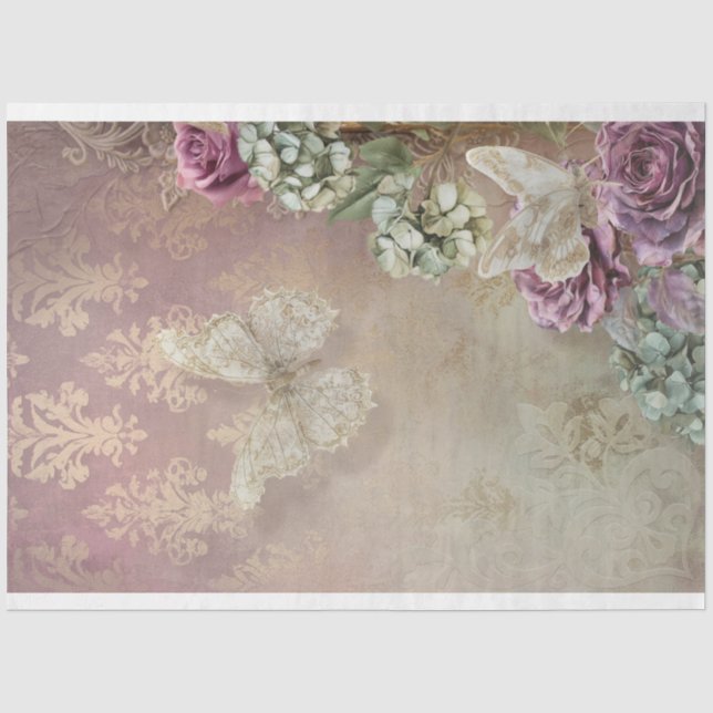 Papel De Seda Renda Sonho, Borboleta Rosa-Mint e Floral (Frente )