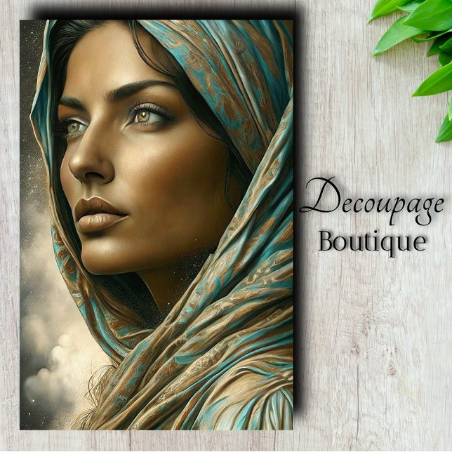 Papel De Seda Retrato com Decoupage sob Véu Turquesa (Turquoise Veil Portrait Decoupage Tissue Paper)