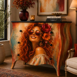 Papel De Seda Retrato de Mulher Cabelo Vermelho Floral Sorriso
