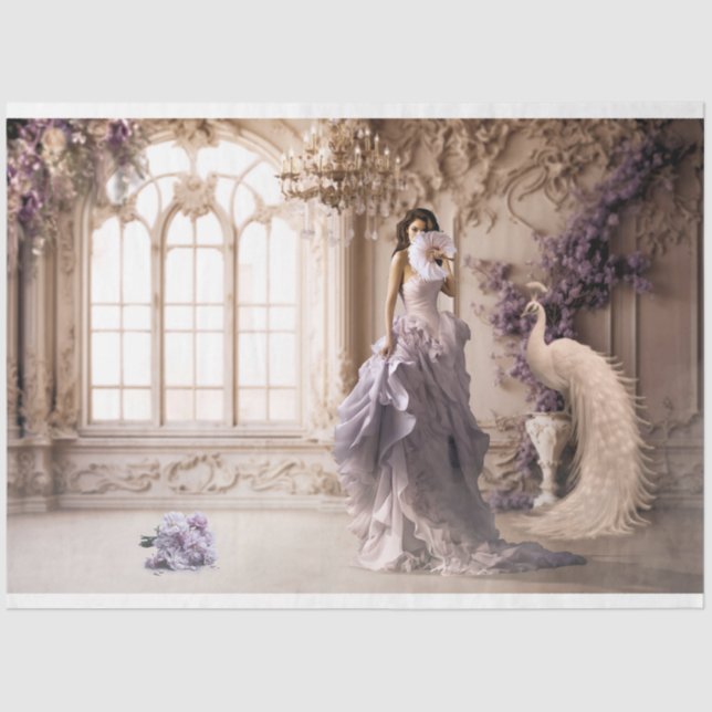 Papel De Seda Retrato de Mulher Elegante Lilac e Peacock Branco (Frente )