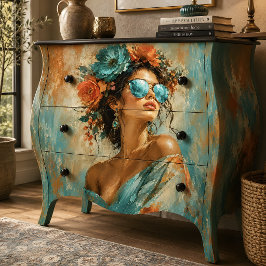 Papel De Seda Retrato de Mulher Glamour Floral Turquesa