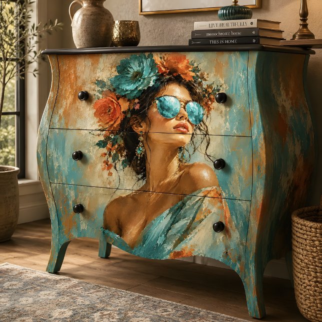 Papel De Seda Retrato de Mulher Glamour Floral Turquesa (Woman Portrait Turquoise Floral Glamour Tissue Paper)
