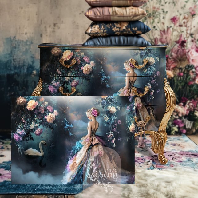 Papel De Seda Retrato de Passeio Noturno & Fantasia Floral Escur ("Evening Stroll" French Woman, Ethereal Floral & Swan, Misty Lake Landscape,  Decoupage Art Paper)