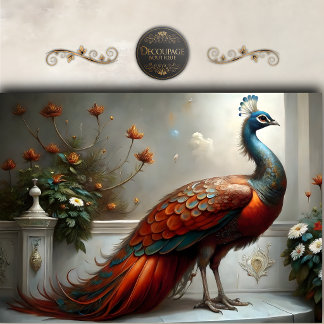 Papel De Seda Retrato de Pavão Ornamentado Decoupage Vermelho