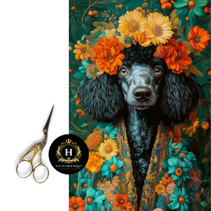 Papel De Seda Retrato de Poodle Preto Colorido em Decoupage