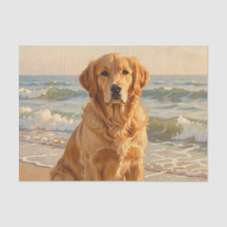 Papel De Seda Retrato de Retriever Dourado na Praia do Oceano