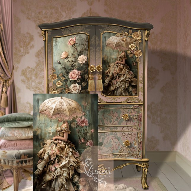 Papel De Seda Retrato de Romance Rosa Rococó & Floral (Rococo Romance Elegant Woman, Bouffant dress & Parasol, Portrait Art Decoupage Tissue Paper)